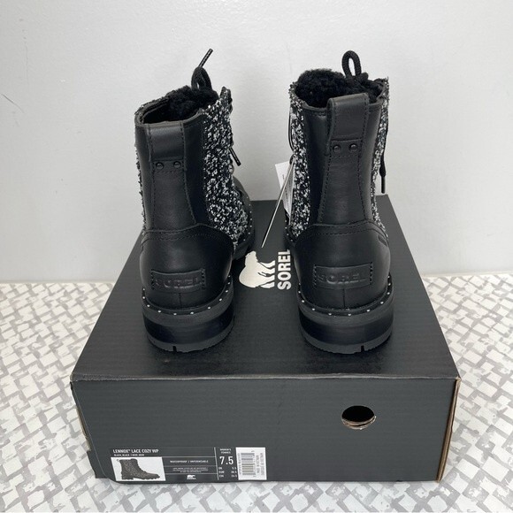 SOREL Lennox Genuine Shearling Waterproof Lace-Up Boot, Black/White, size 7.5 - Picture 6 of 7